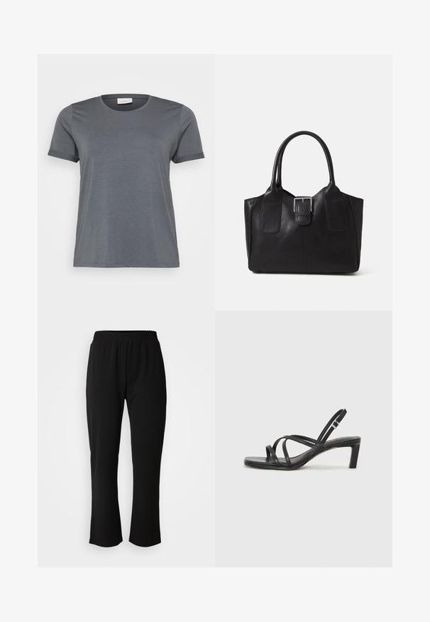 Sivá krátka rukávová tričko vyrobené z mäkkej tkaniny, s klasickým okrúhlym výstrihom a rolovanými rukávmi. Hladká textura bez viditeľných vzorov.; ONLY Carmakoma CARLAMA STRAIGHT - Nohavice - black; Čierne sandále na vysokom podpätku so štvorcovou špičkou a nízkym blokovým podpätkom. Obsahujú viacero tenkých popruhov a nastaviteľný členkový popruh. Vyrobené z hladkej kože.; Čierna kožená taška s hladkou textúrou, štruktúrovaným tvarom, dvoma uchami a výrazným strieborným prackovým detailom na prednej strane.