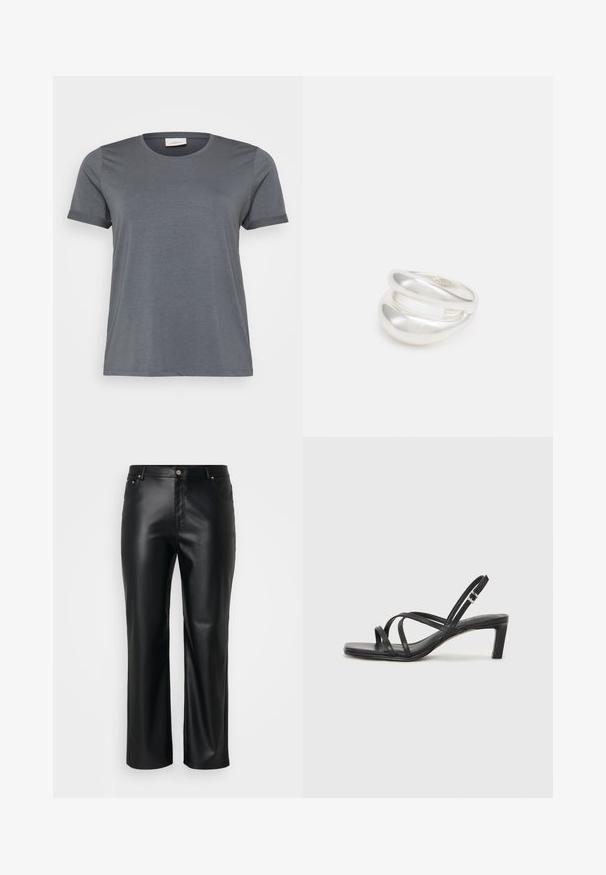 Gray short-sleeve t-shirt made from soft fabric, featuring a classic round neckline and rolled sleeves. Smooth texture with no visible patterns.; Black faux leather pants with a straight cut, featuring belt loops, front pockets, and a zip fly with a button closure. Smooth texture.; Black strappy sandal with a square toe and a low block heel. Features multiple thin straps and an adjustable ankle strap. Made of smooth leather.; Silver double-band ring with a smooth, polished surface. Features a fluid, curved design with overlapping sections for a modern look.