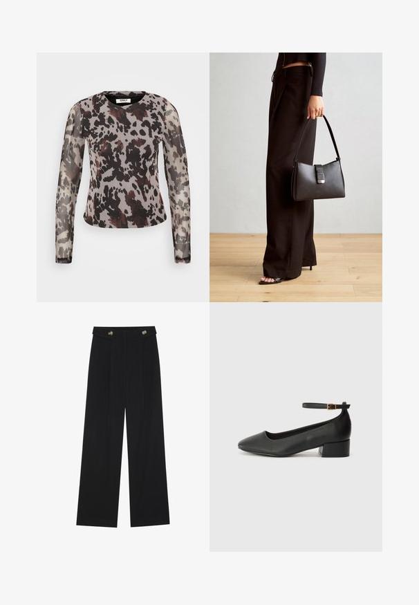 Διάφανο μπλουζάκι με μακριά μανίκια, με αφηρημένο γκρι και μαύρο ζωγραφιστό σχέδιο ζώου, με μπορντώ λεπτομέρειες και στρογγυλή λαιμόκοψη. Απαλή, ελαφριά ύφανση.; Μαύρο παντελόνι φόρμας σε φαρδιά γραμμή με ψηλή μέση, κουμπιά στη μέση και πλαϊνές τσέπες.; Μαύρο δερμάτινο τακούνι με μυτερή μύτη και χαμηλό τετράγωνο τακούνι. Διαθέτει λουράκι στον αστράγαλο με χρυσό τόνο πόρπη. Λείο υφή.; Μαύρη τσάντα χειρός με δομημένο σχήμα, λεία υφή και μεταλλικό κούμπωμα. Συνδυασμένη με φαρδιά μαύρα παντελόνια και σανδάλια ανοιχτής μύτης πάνω σε ξύλινο πάτωμα.