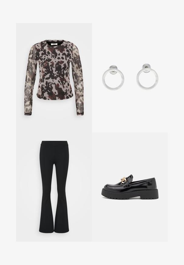 Top transparente de manga larga con un estampado animal abstracto en gris y negro, con acentos burdeos y un escote redondeado. Tejido suave y ligero.; Pantalones negros de campana hechos de una tela elástica, con una cintura alta y una textura suave. Los pantalones se ensanchan desde la rodilla.; Mocasines de charol negro con suela gruesa negra y detalles en oro. Textura lisa y diseño de puntera redondeada.; Pendientes de aro de metal plateado con una textura cepillada, que presentan un diseño circular y un respaldo transparente para un uso seguro.