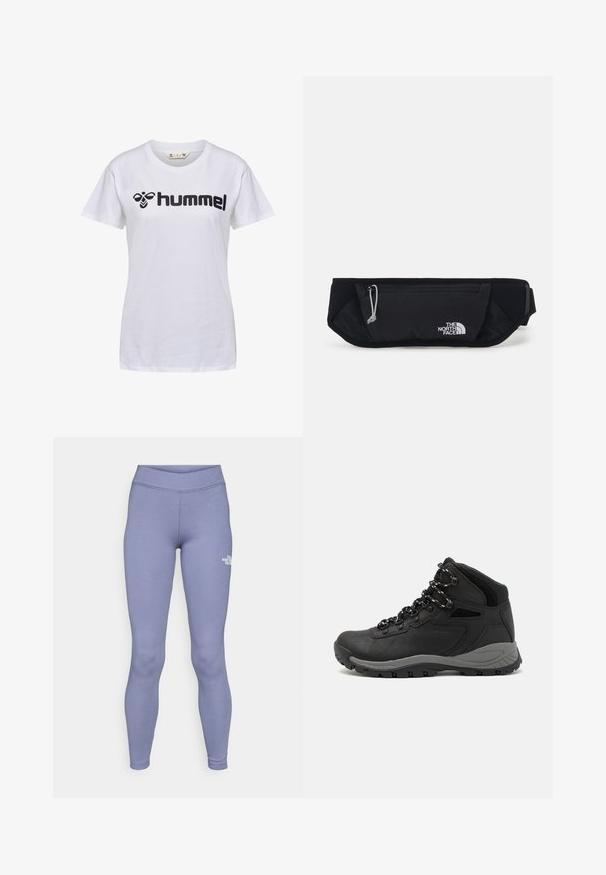 Weißes Baumwoll-T-Shirt mit kurzen Ärmeln. Auf der Vorderseite befindet sich ein schwarzes "hummel"-Logo und ein grafisches Design. Crew-Neck-Stil.; Blaue Sportleggings aus weichem, dehnbarem Stoff. Sie haben einen hohen Taillenbund und ein kleines weißes Logo am linken Oberschenkel.; Schwarzer Wanderstiefel mit einem mittelhohen Design, ausgestattet mit einer strukturierten Oberfläche, grauen Akzenten und einer robusten Gummisohle mit Profilstollen.; The North Face SUNRISER RUN BELT UNISEX - Gürteltasche - black/white