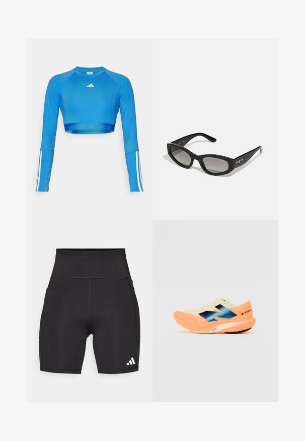 Niebieski, długi rękaw, krótki sportowy top wykonany z gładkiego materiału, z białymi pasami na rękawach i małym logo na klatce piersiowej.; Czarne spodenki sportowe wykonane z elastycznego materiału. Wysoki stan, długość do połowy uda, z białym logo w postaci trzech pasków na dolnej lewej stronie.; Buty biegowe z lekką kremową cholewką, niebieskim logo i pomarańczowymi akcentami na podeszwie. Siatkowa tekstura dla lepszej wentylacji.; Czarne okulary przeciwsłoneczne o eleganckim kocim kształcie, z gradientowymi szkłami i nazwą marki "vogue" nadrukowaną z boku.