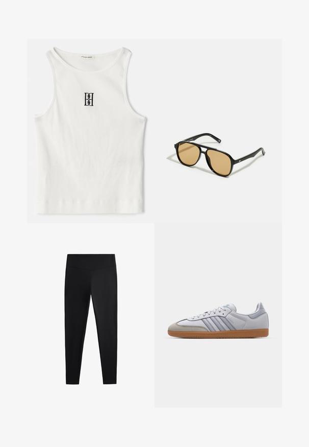 Hvid ribbet tanktop med et sort broderet logo centreret på brystet. Udhulningen og ærmegabene er afsluttet med en subtil kant.; Sorte leggings lavet af glat, strækbart stof. Har en bred talje og en tapered ben-design, velegnet til aktiv eller afslappet brug.; Hvide lædersneakers med lyseblå accenter, grå ruskindsnæse og en brun gummisål. Har tre blå striber og "Samba" branding.; Sorte solbriller med brune tonede linser; rektangulær form med en tyk ramme, herunder diskrete hardwaredetaljer på stængerne.