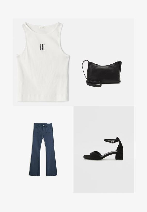 Bílý žebrovaný top bez rukávů se černým vyšitým logem uprostřed hrudi. Výstřih a otvory na ruce jsou zakončeny jemným lemováním.; Tmavě modré rozšířené džíny z denimu s prošitými kapsami, zapínáním na knoflík a hladkým povrchem. Obsahují klasický design s pěti kapsami.; Černé sametové sandály na podpatku s tenkým řemínkem kolem kotníku, otevřenou špičkou a skromným blokovým podpatkem. Hladká textura a minimální akcenty.; Černá kožená taška přes rameno s hladkým povrchem, zakřiveným tvarem, nastavitelným popruhem a zipovým uzávěrem. Minimalistický design bez zdobení.