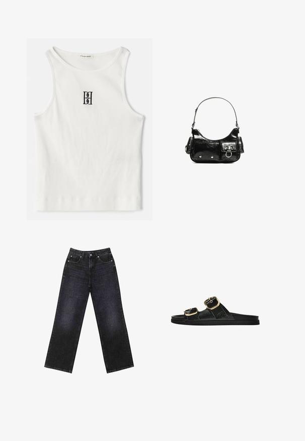 Bela rebrasta majica bez rukava s crnim izvezenim logotipom u središtu grudnog dela. Ovratnik i otvor za ruke su završeni suptilnim obradom.; Visoke črne-denim hlače z širokim krojem, zasnovane s petimi žepi in vidnimi šivi. Tkanina ima gladek, rahlo teksturiran videz.; Črne drsne sandale z dvema zlatima zaponkama, gladkega materiala, ravnim podplatom in minimalističnim dizajnom.; Črna lakasta usnjena torbica s ukrivljeno obliko, enim ramenskim trakom, sprednjimi žepi in srebrnimi kovinskimi dodatki.