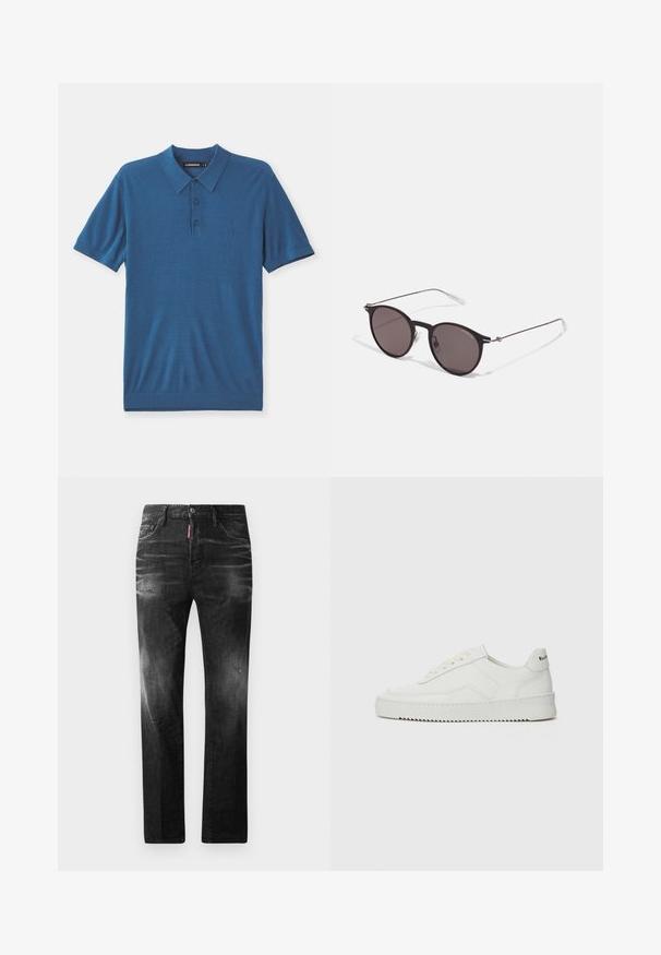Modrá polo košile z měkké látky, s límečkem, zapínáním na tři knoflíky a krátkými rukávy. Jemná detailní logo aplikace na hrudi.; Černé džíny z denimu se rovnými nohavicemi. Obsahují vybledlé oblasti, drobné poškození, klasický pětikapsový design a zapínání na knoflík.; Bílé kožené tenisky s hladkým povrchem, kulatou špičkou, plochými tkaničkami a texturovanou podrážkou. Na patě se nachází nenápadné logo.; Černé kulaté sluneční brýle s tmavými skly a tenkými kovovými nohami. Obsahují průhledné koncovky nožiček a stříbrné akcenty na pantu. Minimalistický design.