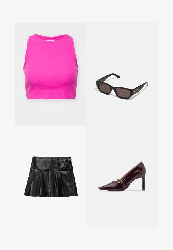 Top scurt roz cu dungi, având un guler înalt și un design fără mâneci. Țesătura are o textură netedă și o formă ajustată.; Fustă din piele neagră cu pliseuri, talie largă și două detalii cu catarame pe lateral. Textură netedă cu un finisaj lucios.; Pantofii cu toc înalt de culoare burgundă, cu vârful ascuțit și curea la gleznă, având accesorii din aur, și un finisaj elegant și lucios. Toc stiletto înălțat.; Ochelari de soare negri, dreptunghiulari, cu lentile întunecate. Au un cadru din plastic neted și detalii cu logo pe tijă. Design curat, modern.; Geantă bordeaux din material sintetic, cu un design structurat, având un breteau detașabil și o eșarfă cu un model floral legată de mânere.
