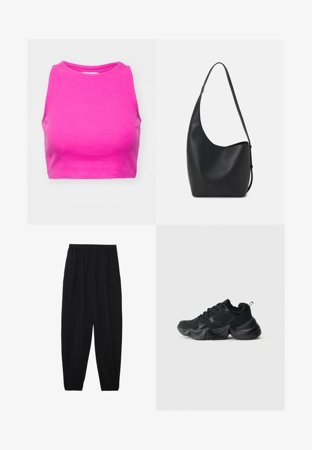 Roze geribbelde crop top met een hoge halslijn en mouwloos ontwerp. De stof heeft een gladde textuur en een gevormde pasvorm.; Zwarte, lichte broek met een elastische tailleband en gathered enkels. De stof is glad en heeft een ontspannen, taps toelopend ontwerp.; Zwarte sneakers met een mix van gladde en textuurmaterialen, dikke zolen, ronde vorm en decoratieve stiksels. Voorzien van een zachte, pluche manchet.; Zwarte leren hobo tas met een gladde textuur, kromme vorm en een enkele verstelbare schouderband; heeft een brede opening aan de bovenkant.