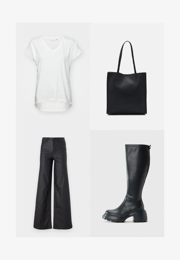 Laza V-nyakú, rövid ujjú póló puha fehér anyagból. Relaxált szabású, kerekített alsó résszel, a hátsó része kicsit hosszabb.; Fekete, bő szabású nadrág mesterséges bőrből. Jellemzője a magas derék, övhurkok, két elülső zseb és varrott részletek.; Magas fekete bőrcipő, vastag platform talppal és blokk sarokkal, húzófüllel és texturált profillal az outsole-on.; Fekete bőrtáska sima felszínnel, téglalap alakú, két hosszú füllel. Nincs látható fémkiegészítő vagy díszítés.