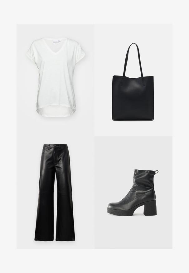 V-neck, short-sleeve t-shirt in soft white fabric. Features a relaxed fit and rounded hem, with a slightly longer back.; Black high-waist wide-leg faux leather pants with front button, zip closure, belt loops, and side pockets on white background.; Black ankle boots made of smooth leather, featuring a side zipper, chunky textured heel, and rounded toe design.; Black leather tote bag with smooth texture, rectangular shape, and two long handles. No visible hardware or embellishments.