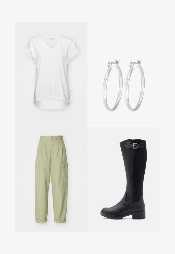 V-veida, īsām piedurknēm T-krekli, izgatavots no mīksta balta auduma. Ievērojama brīva piegriezuma un noapaļota apakša, ar nedaudz garāku aizmuguri.; Gaiši zaļas kravas bikses, izgatavotas no kokvilnas auduma. Tām ir augsts jostasvieta, sarullētas malas un divi sānu kravas kabatas papildu praktiskumam.; Melnas līdz ceļiem augstas zābaki ar gludu ādas priekšpusi, sietu paneļiem un zemu blokveida papēdi ar siksniņu un sprādzi.; Sudraba riņķveida auss gredzeni ar gludu, pulētu apdari. Apaļa forma un drošs klikšķa augšējais slēgums. Viegls dizains, kas piemērots ikdienas valkāšanai.