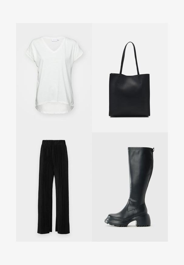 Laza V-nyakú, rövid ujjú póló puha fehér anyagból. Relaxált szabású, kerekített alsó résszel, a hátsó része kicsit hosszabb.; Fekete pliszírozott nadrág gumis derekkal. Széles lábakkal rendelkezik, sima, texturált anyagból készült, függőleges csíkokkal.; Magas fekete bőrcipő, vastag platform talppal és blokk sarokkal, húzófüllel és texturált profillal az outsole-on.; Fekete bőrtáska sima felszínnel, téglalap alakú, két hosszú füllel. Nincs látható fémkiegészítő vagy díszítés.