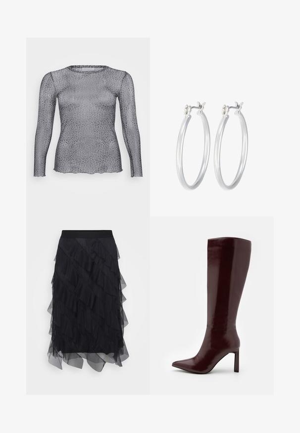 Prosojna siva dolga majica z dolgimi rokavi z vzorcem leoparda, ki ima okroglo izrezo in valovito obrobo. Narejena iz lahkega, prozornega materiala.; Črna tila krila z večstopenjskimi ruffles, elastičnim pasom in pretkanim siluetom. Prosojna tekstura omogoča lahkost in gibanje.; Even&Odd Škornji - dark red; Srebrni obroči za ušesa z gladko, polirano površino. Okrogla oblika in varna zaponka s klikom. Lahka zasnova, primerna za vsakodnevno nošenje.