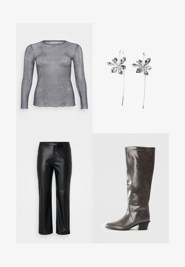 Caurspīdīga pelēka krekla ar garām piedurknēm un ziloņu rakstu, ar apaļu dekoltē un viļņotu apakšmalu. Izgatavots no viegla, caurspīdīga materiāla.; Melnas mākslīgās ādas bikses ar taisnu griezumu, ar jostas cilpām, priekšpogu kabatām un rāvējslēdzēju ar pogu aizdari. Gluda tekstūra.; Augstas sieviešu tumši pelēkas ādas zābaki ar vidēju papēdi un noapaļotu purngalu, redzami no sāniem uz balta fona.; Sudraba zieda formas auskari ar teksturētu apdari, ar garām uzkarsējošām daļām un ziedlapiņām līdzīgām detaļām, veidojot sarežģītu dizainu.