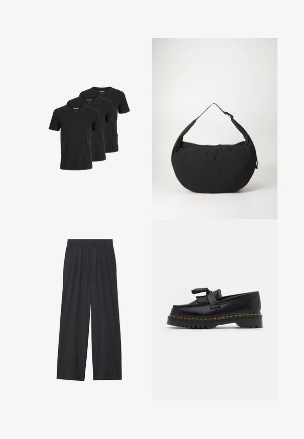 Schwarze Baumwoll-V-Ausschnitt-T-Shirts mit kurzen Ärmeln und normaler Passform, präsentiert im Dreierpack. Glatte Textur, keine Muster oder Akzente.; Weit geschnittene Hosen aus dunkelgrauem Stoff. Merkmale sind Falten an der Taille, ein maßgeschneiderter Schnitt und eine gerade Silhouette.; Schwarze Lederloafers mit einem fransenverzierten Akzent, ausgestattet mit einer robusten schwarzen Sohle und gelber Naht entlang der Kante. Texturierte Oberfläche.; Schwarze Schultertasche aus Stoff mit geschwungener Form, ausgestattet mit einem einzigen Tragegurt und einem Reißverschluss. Weiche Textur, minimalistisches Design.