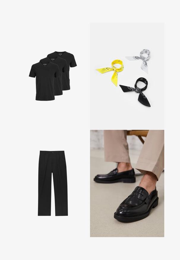 T-shirt a maniche corte in cotone nero con scollatura a V, disponibili in confezione da tre. Texture liscia, senza modelli o dettagli.; Pantaloni neri con un design a gamba dritta, realizzati in un tessuto liscio. Presentano pieghe frontali e una chiusura a un bottone in vita.; Mocassini in pelle nera con finitura liscia, dotati di una cintura decorativa e cuciture a contrasto, abbinati a pantaloni beige.; Tre bandane: una gialla con motivi neri, una bianca con disegni neri e una nera con grafiche bianche. Tutte sono quadrate e in tessuto leggero.
