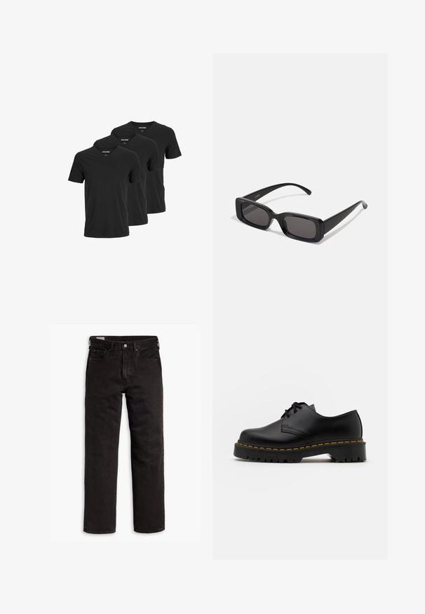 Czarne bawełniane koszulki typu v-neck, z krótkim rękawem i regularnym krojem, zaprezentowane w zestawie trzech sztuk. Gładka struktura, bez wzorów i akcentów.; Czarne dżinsy proste z pięcioma kieszeniami, zapięciem na guzik i paskiem, rozłożone na białym tle.; Czarne skórzane buty na sznurówki z zaokrąglonym noskiem, teksturowaną gumową podeszwą i żółtym przeszyciem wokół podstawy. Płaski design i gładkie wykończenie.; Czarne prostokątne okulary przeciwsłoneczne z ciemnymi szkłami, błyszczącym wykończeniem, szerokimi zausznikami i masywną konstrukcją. Wygrawerowana nazwa marki na jednym z zauszników.