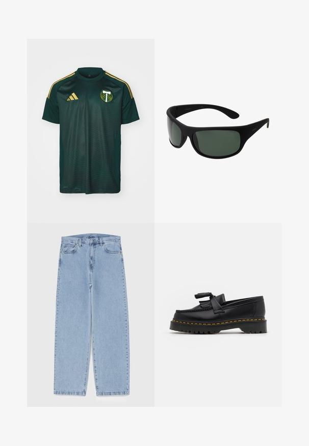 Maglietta da calcio verde realizzata in tessuto leggero con una texture liscia. Presenta strisce dorate sulle spalle e un logo della squadra sul petto.; Jeans in denim azzurro chiaro con design a gamba dritta, caratterizzati da una vita media, cinque tasche e chiusura con bottone e zip.; Mocassino in pelle nera con un'accento a frange, dotato di una suola nera spessa e cuciture gialle lungo il bordo. Finitura testurizzata.; Occhiali da sole neri avvolgenti con lenti verde scuro. Finitura opaca, design curvo, con aste dritte e un branding sottile sul lato.
