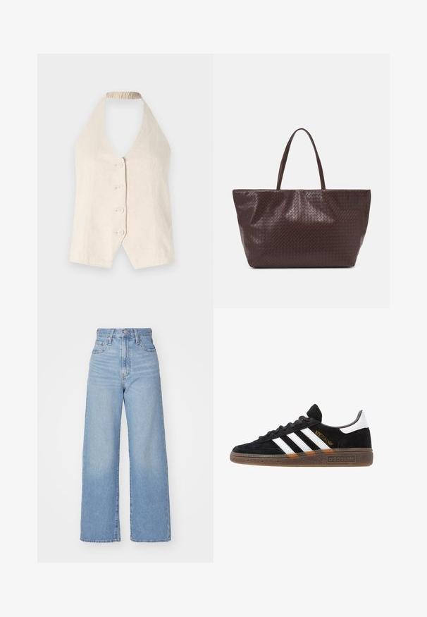 Top halter de culoare crem, realizat din in, având un decolteu adânc în V și cinci butoane acoperite cu material pe față. Detaliu cu guler plisat.; Jeans cu talie înaltă, de culoare albastru deschis, cu croială largă, dotate cu nasture și fermoar la față, buzunare în față și spate, pe un fundal alb.; Sneaker Adidas negre cu dungi albe, text aurit "Spezial", talpă din cauciuc și tab de călcare alb, prezentat din vedere laterală.; Geantă din piele împletită maro, cu două mânere, formă structurată și suprafață texturată, având un model în diamant pe toată suprafața.