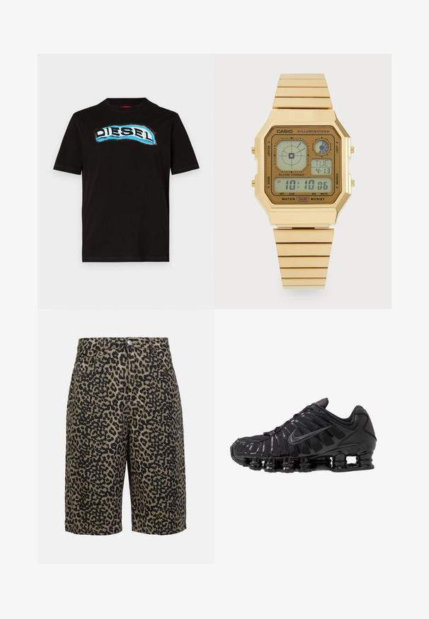 Čierne bavlnené tričko s krátkym rukávom a okrúhlym výstrihom, ktoré je zdobené veľkým zakriveným modro-bielym logom "DIESEL" cez hrudník.; Džínsy s leopardím vzorom v zemitých odtieňoch, so zapínaním na gombík, piatimi vreckami a voľným strihom.; Čierne atletické topánky so zvrškom z mäkkej sieťoviny a syntetického materiálu, so záhybovým dizajnom, šnúrkami a robustnou podrážkou s viditeľnými tlmiacimi jednotkami.; Zlatý digitálny hodinový náramok s octagonálnym ciferníkom, gumeným pásikom, LCD displejom zobrazujúcim čas a dátum a tlačidlami na boku na nastavenie.