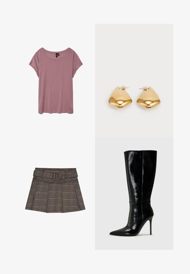 Tricou roz deschis cu mânecă scurtă, realizat dintr-un material moale, cu un guler rotund și o croială lejeră, fără niciun model sau textură vizibilă.; Fustă mini în carouri, de culoare neagră, maro și bej. Are un talie cu brâu, pliseuri și un material texturat cu un model geometric.; Botine din piele neagră, până la genunchi, cu vârf ascuțit și tocuri înalte de tip stiletto. Textură netedă și design elegant, cu detalii minime.; Cercei din metal de culoare aurie, cu o formă triangulară rotunjită și un design cu prindere pe spate; suprafață reflectorizantă cu detalii minime.