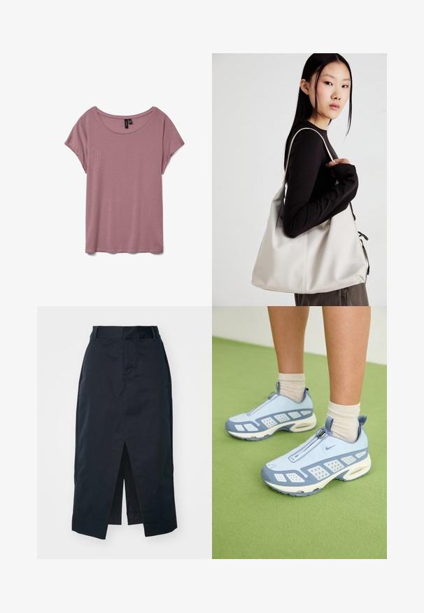 Lichtroze t-shirt met korte mouwen, gemaakt van zachte stof, met een ronde hals en een losse pasvorm, zonder zichtbare patronen of texturen.; Donker marineblauwe midi-rok van een katoenmix, met een valse split, verborgen rits en zijzakken voor functionaliteit.; Lichtblauwe sportieve schoenen met witte accenten, textuurpanelen en een ritsluiting. Voorzien van een zichtbare luchtkussenzool en een rubberen buitenzool.; Beige handtas gemaakt van zacht materiaal, met een slonzig ontwerp, gestikte details en twee schouderbanden. Geschikt voor dagelijks gebruik.