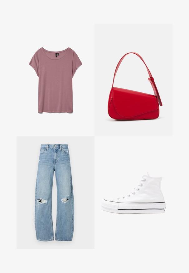 Svijetlo ružičasta kratkotrajna majica s kratkim rukavima, izrađena od mekog materijala, s okruglim izrezom i slobodnim krojem, bez vidljivih uzoraka ili tekstura.; Svijetloplave, visoko-strukirane traperice. Imaju široke nogavice, dva razderana područja na koljenima i klasičan stil s pet džepova.; Bijela visoka platnena tenisica s crnom gumenom potplatom, prednjim gumenim zaštitnikom prstiju i šest rupa za vezanje, s čistim, minimalističkim dizajnom.; Crvena kožna torba s kutnim, geometrijskim dizajnom. Ima jedan podesivi remen i preklopni zatvarač sa šivenim detaljima.