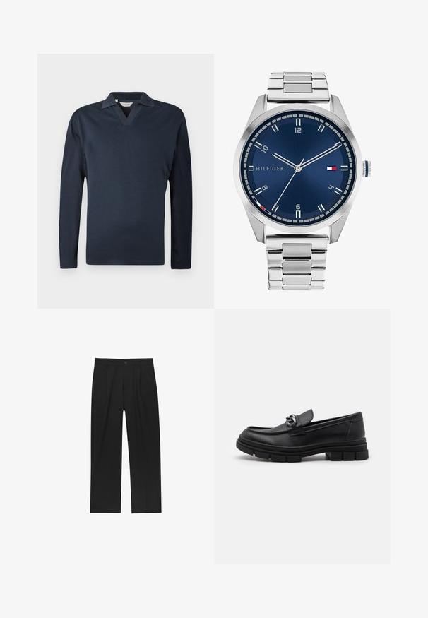 Sötétkék, hosszú ujjú pólóing V-nyakkal, puha anyagból készült. Ellentétes színű gallérral és egyszerű, letisztult dizájnnal rendelkezik.; Fekete nadrág egyenes szárú kialakítással, sima anyagból készült. Elöl redők és egy gombos záródás található a derékon.; Fekete bőr mokaszín, lekerekített orral, díszes pánttal és fém kiegészítővel, valamint vastag, texturált talppal. Simább felület, finom részletezéssel.; Ezüst színű fém óra kék, kefélt számlappal, fehér órijjelezőkkel és dátumkijelzővel. Fém, láncolt szíj és márkalogó jellemzi.