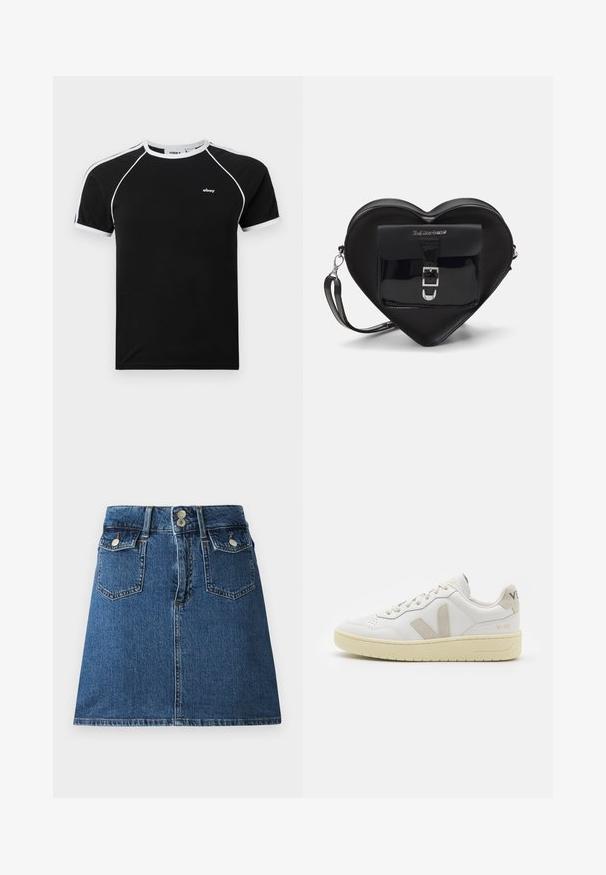 Black t-shirt with white accents, featuring a crew neck, short raglan sleeves, and a small logo on the chest. Made from soft fabric.; Denim skirt in deep blue, featuring a fitted waistband, two front pockets, two back pockets, and silver-tone button closures.; White leather sneaker with beige suede accents, perforated toe box, flat laces, and a textured cream sole. Features subtle branding on heel.; Black heart-shaped bag made of patent leather with a front pocket featuring a buckle closure and a detachable strap. Silver hardware accents.