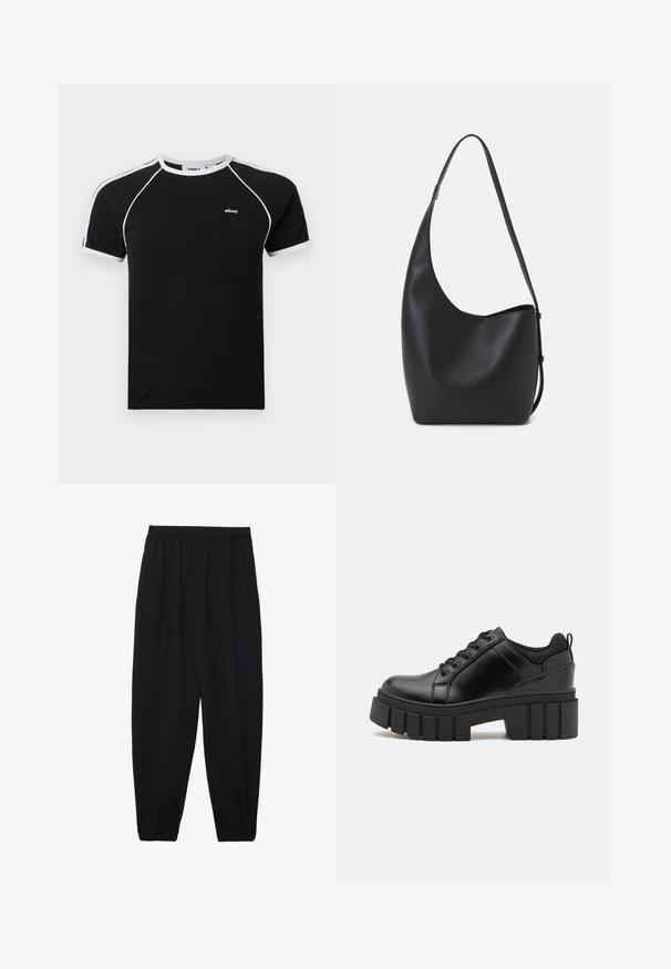 Melna T-kreklu ar baltām akcents, ar aploksni ap kaklu, īsiem raglanu piedurknēm un mazu logo uz krūtīm. Izgatavots no mīksta auduma.; Melnas, vieglas bikses ar elastīgu jostu un savilktiem potītiem. Audums ir gluds un to raksturo brīva, sašaurināta forma.; Melnas ādas platformas kurpes ar masīvu bloku papēdi, apaļu purngalu un tradicionālu saistīšanas dizainu. Izceļas ar gludu tekstūru un minimālu apdari.; Melnas ādas hobo soma ar gludu tekstūru, izliekta forma un vienu regulējamu jostu; augšā ir plaša atvere.