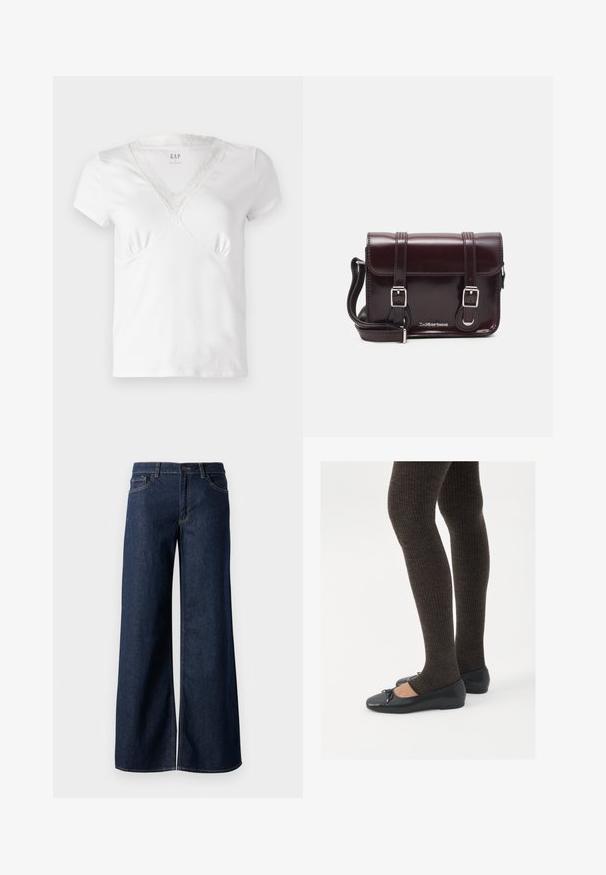 Balta trumpa rankovėmis marškinėliai su V formos iškirpte, puoštos nėriniu prie iškirptės ir subtiliais raukiniais krūtinėje. Minkšta medvilnės medžiaga.; Plati kojinės džinsai tamsiai mėlynos džinsinės medžiagos. Yra kontrastingas siuvimo ornamentas, penkios kišenės ir užsegimas mygtuku juosmenyje. Lygus paviršius.; Juodos plokščios bateliai su maža kaspinėlio detale prie pirštų, derinami su tamsiai rudos spalvos raukšlėtomis pėdkelnėmis. Bateliai turi lygų paviršių ir žemą profilį.; Bordo lakinės odos krepšys per petį, stačiakampio formos, su dviem diržais, sidabrinėmis detalėmis ir užtraukiama kiautu.