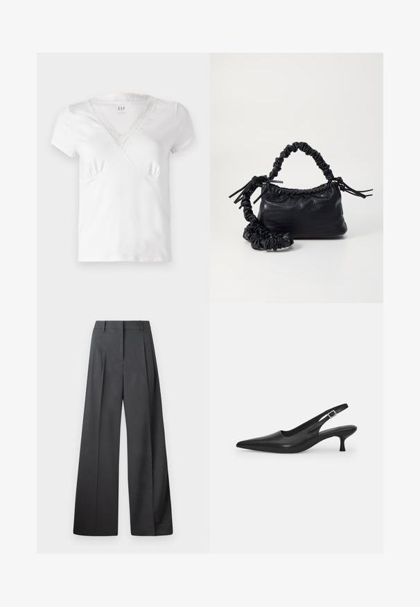 Tricou alb cu mânecă scurtă și decolteu în V, cu dantelă pe marginea decolteului și ușoară plisare pe bust. Material moale din bumbac.; Pantaloni culți din țesătură gri închis, cu talie înaltă, pliuri simple și o textură netedă, cu o finisare curată la tivuri.; Sandal din piele neagră, cu vârf ascuțit și toc subțire, curbat. Are o curea ajustabilă discretă, cu o cataramă din metal.; Geantă din faux leather neagră cu textură de crocodil, cu partea superioară strânsă și o curea mototolită. Pare moale și compactă ca design.