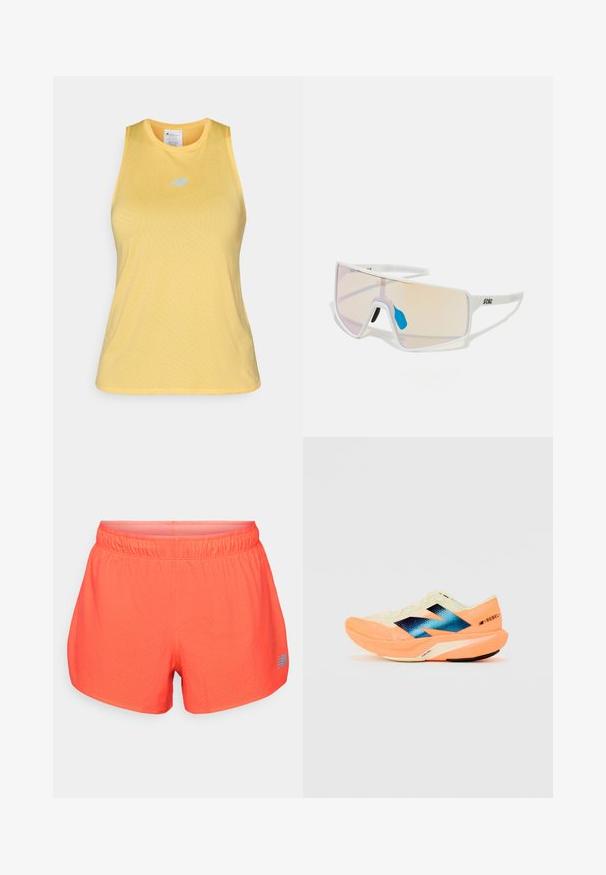 Geel mouwloos sporttopje van een gemêleerd materiaal, met een ronde hals en een lichtblauw logo op de borst.; Heren hardloopschoenen in helder koraal, gemaakt van ademend materiaal met een geperforeerde textuur. Voorzien van een elastische tailleband en een blauw logoaccent.; Hardloopschoen met een lichtgewicht crèmekleurige bovenkant, blauwe branding en oranje accenten op de zool. Mesh textuur voor ademend vermogen.; Witte, omrande zonnebril met grote, gradient glazen die een tint van roze naar lichtoranje hebben, aangevuld met een blauwe neussteun en logo-details.