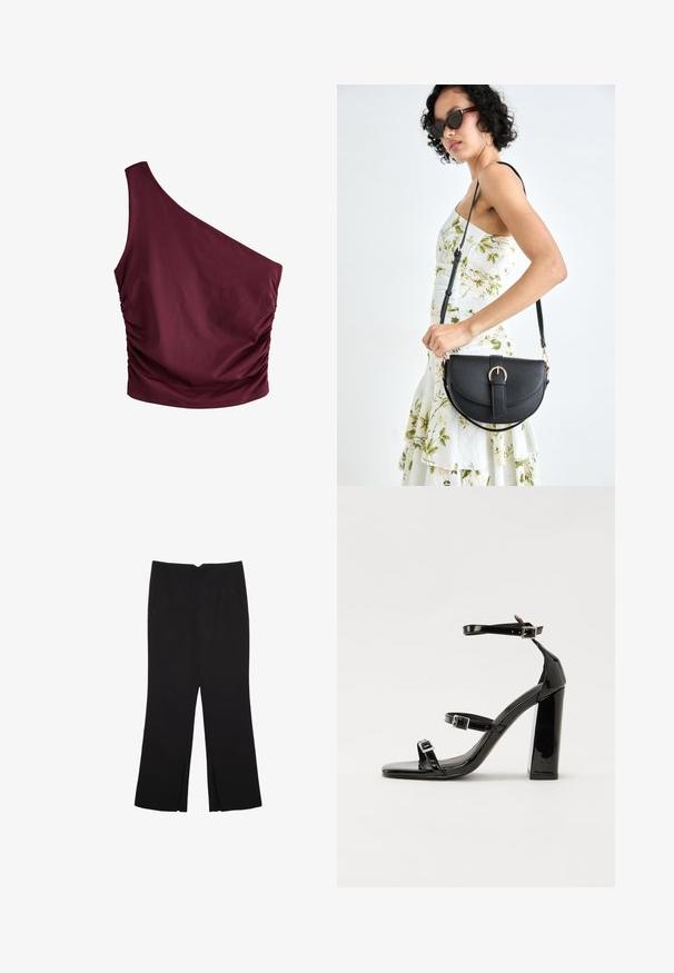 Top bordeaux a spalla singola con dettagli arricciati sul lato. Realizzato in tessuto morbido, presenta una forma aderente e un design minimalista.; Pantaloni neri a gamba dritta, con tasche frontali e spacchi laterali all'orlo. Realizzati in tessuto morbido e liscio. Adatti a diverse occasioni.; Sandali con tacco in vernice nera, con punta squadrata, cinturini alla caviglia e fibbie in argento. Presentano un tacco a blocco spesso per maggiore stabilità.; Borsa a tracolla nera in pelle con una forma curva, manico rimovibile e accessori dorati. La borsa presenta una patta con un dettaglio a fibbia.