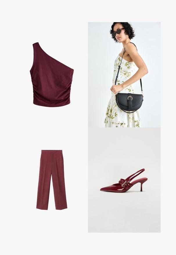 Burgunderfarbener Ein-Schulter-Top mit gerafftem Seitendetail. Aus glattem Stoff gefertigt, mit figurebetontem Schnitt und minimalistischer Gestaltung.; Weinrote Hose mit weitem Bein aus glattem Material, ausgestattet mit seitlichen Taschen und einem hohen Taillendesign. Mit einem klaren vorderen Bügel gefaltet.; Rote Lackleder Slingback-Absätze mit spitzem Zeh, zwei Schnallenriemen und einem schlanken, mittelhohen Stiletto-Absatz. Glatte Textur.; Schwarze Lederhandtasche mit geschwungener Form, abnehmbarem Tragegurt und goldenen Beschlägen. Die Tasche verfügt über einen Deckel mit einer Schnallen-Details.