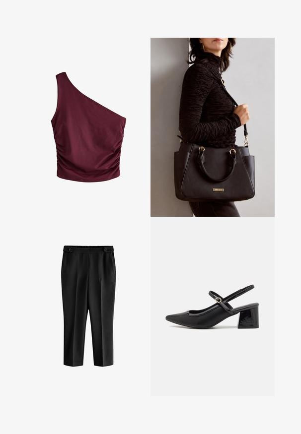 Vyno raudonos spalvos vienos peties viršus su susiraukšlėjusia šonine detale. Pagamintas iš lygaus audinio, pasižymintis prigludusia forma ir minimalizmo dizainu.; Juodos kelnių šortai su laisvu kirpimu, elastinga juosmens juosta ir dviem priekinėmis kišenėmis. Medžiaga turi glotnų paviršių su šiek tiek blizgiu finišu.; Juodi patentinio odos slingback aukštakulniai su smailiu pirštu, apvaliu išpjovimu ir blokiniu kulnu. Papuošti auksiniu juostos akcentu.; Juodas rankinės maišelis su struktūrizuota paviršiumi, dvigubais viršutiniais rankenėlėmis ir reguliuojamu peties diržu. Įrengtas aukso spalvos furnitūra ir šoninės kišenės.