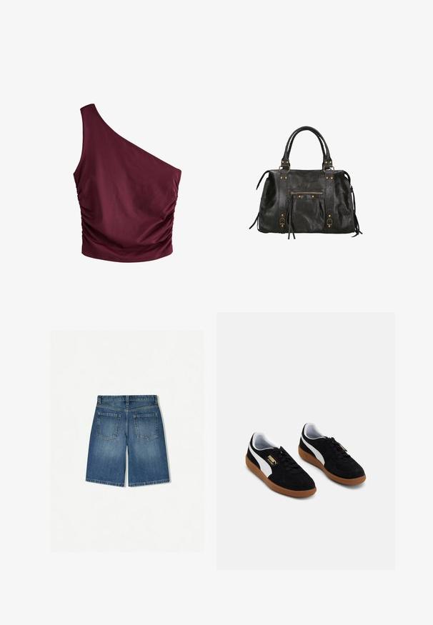 Burgunderfarbener Ein-Schulter-Top mit gerafftem Seitendetail. Aus glattem Stoff gefertigt, mit figurebetontem Schnitt und minimalistischer Gestaltung.; Denim-Shorts in Mittelblau mit lockerem Schnitt, zwei Gesäßtaschen und einem sauberen, geraden Saum. Klassisches Fünf-Taschen-Design.; Schwarze Wildleder-Sneaker mit einem weißen Seitenstreifen, Schnürdesign und Gummilaufsohle. Goldenes Logo-Detail an der Seite.; Schwarze Lederhandtasche mit doppelten Obergriffen, einer Reißverschlusstasche auf der Vorderseite und goldfarbenen Hardwareakzenten. Strukturiert Oberfläche mit seitlichen Quasten.