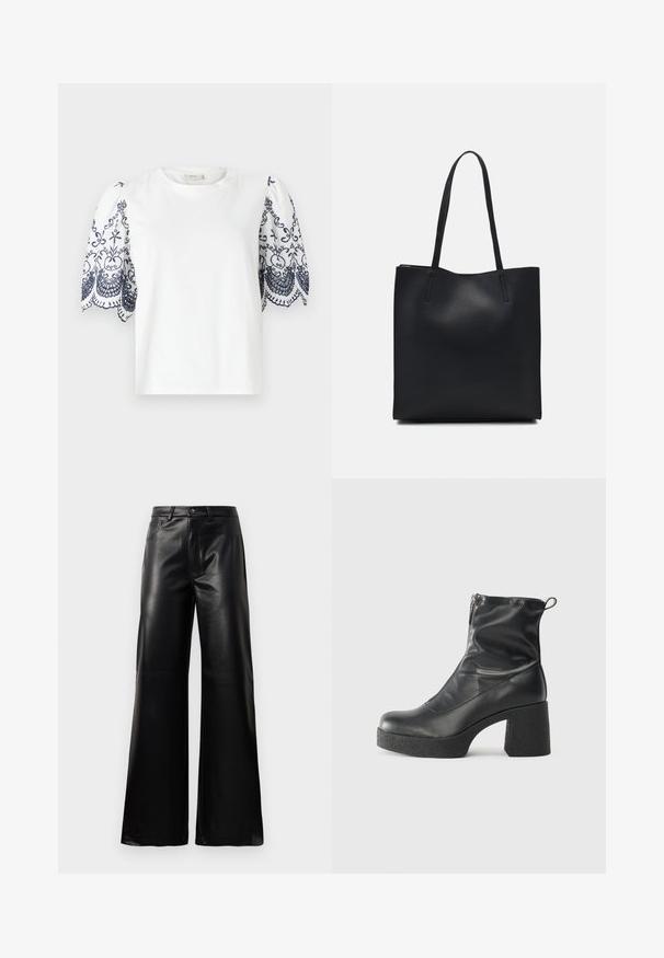 Baltas T-krekls ar puffētām piedurknēm, kas rotāts ar smalku tumši zilu ziedu izšuvumu apakšmalā. Mīksts kokvilnas audums, apaļš kakls, ikdienas piegriezums.; Melnas augstās jostas platajās kājās sintētiskās ādas bikses ar priekšējo pogu, rāvējslēdzēju, jostas cilpām un sānu kabatām uz baltā fona.; Melni potītes zābaki, kas izgatavoti no gludas ādas, ar sānu rāvējslēdzēju, masīvu strukturētu papēdi un noapaļotu purngalu.; Melnas ādas somiņa ar gludu tekstūru, taisnstūra formu un divām garām rokturiem. Nav redzamu aparatūras vai rotājumu.