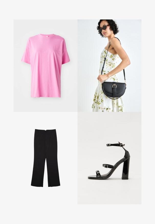 T-shirt in cotone rosa con maniche corte, scollo rotondo e vestibilità rilassata. Poche cuciture e superficie liscia senza pattern visibili.; Pantaloni neri a gamba dritta, con tasche frontali e spacchi laterali all'orlo. Realizzati in tessuto morbido e liscio. Adatti a diverse occasioni.; Sandali con tacco alto in vernice nera con due cinturini con fibbia, punta quadrata e tacco spesso a blocco, caratterizzati da una texture liscia e lucida.; Borsa a tracolla nera in pelle con una forma curva, manico rimovibile e accessori dorati. La borsa presenta una patta con un dettaglio a fibbia.