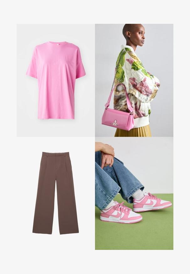 Roze katoenen t-shirt met korte mouwen, een ronde halslijn en een ontspannen pasvorm. Minimale naden en een gladde textuur zonder zichtbare patronen.; Wijde broek in een effen bruine stof, met een zachte textuur, voorplooien en een op maat gemaakte tailleband. Geen zichtbare logo's of patronen.; Roze en witte Nike sneakers van leer en mesh materialen, met contrasterende ontwerpen, ronde neus en bijpassende roze veters en accenten.; Gequilted bloemen bomberjack in groen, roze en beige; gecombineerd met een glanzende roze handtas met een kettingriem en logo hardware.