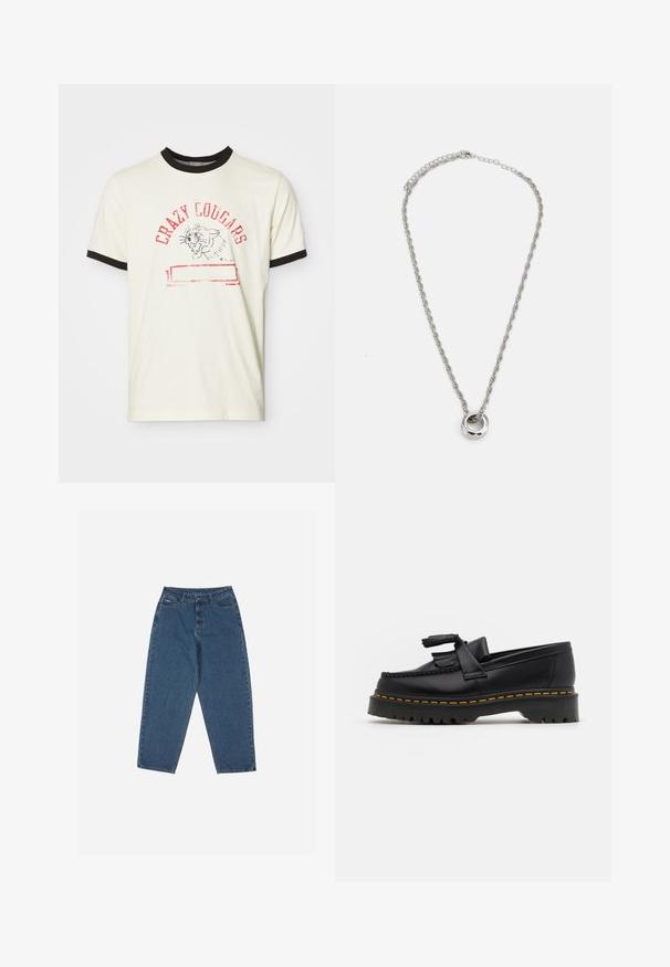 Kratka kremna majica s kratkimi rokavi in črnimi ovratnikom. Vsebuje rdeč napis "NORO PUMO" in ilustracijo pume. Standardna prileganje.; Modre traperke z ohlapnim krojem, visokim pasom, petimi žepi in poudarjenim šivanjem. Imajo gumb in zadrgo za zapiranje.; Črne usnjene loafersice s kaširanim naglasom, z debelim črnim podplatom in rumenim šivom ob robu. Teksturirana površina.; Srebrn toniran kovinski uhani z obliko zavitih verig in okroglim obeskom s poliranim zaključkom.