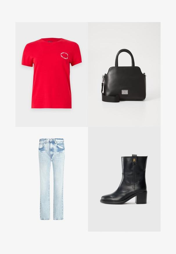 Punainen puuvillainen t-paita lyhyillä hihoilla, pyöreällä kaula-aukolla ja vasemmassa rinnassa valkoisella painetulla logolla. Klassinen malli, jossa on sileä pinta.; Vaaleansinisiä farkkuhousuja, joissa on suora lahjetyyli, viisi taskua ja haalistunut pinta. Ominaisuuksiin kuuluvat näkyvät ompeleet ja klassinen nappisulku.; Musta nahkainen nilkkat bootsi, jossa on lohkarekorko ja kultainen "TH"-logo vetonarussa valkoista taustaa vasten.; Musta synteettinen käsilaukku, jossa on yläkahvat, irrotettava olkahihna, pyöreä muoto, sileä pinta ja hopeinen logo-etukappale.