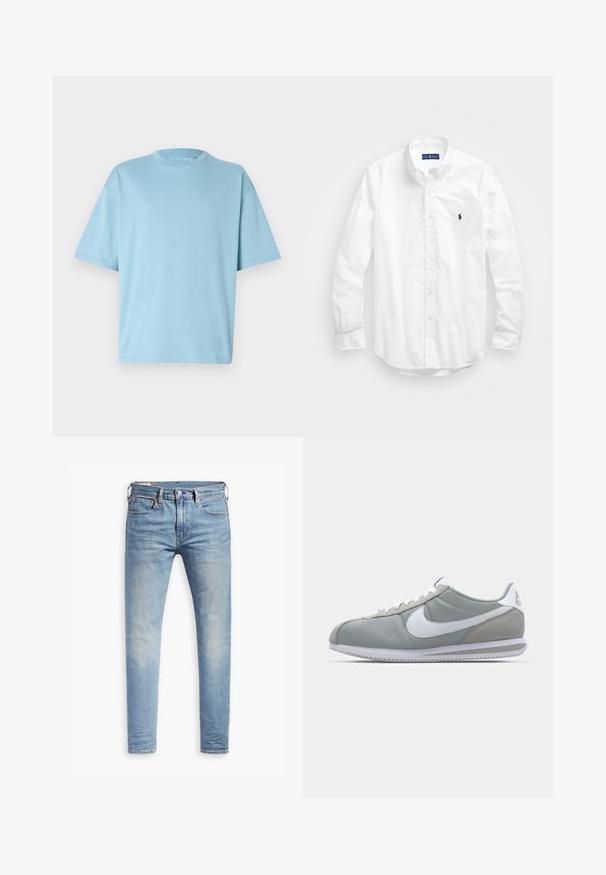 Lyseblå bomulls-T-skjorte med rund hals, korte ermer og avslappet passform. Glatt tekstur og minimalistisk design.; Hvit langermet skjorte i bomull med knapper. Har en klassisk krage, knappe mansjetter og en liten marineblå brodert logo på brystet.; Lyseblå slim-fit jeans med svak falming på lårene, frontknappelukking, beltehemper, og fem-lomme design på hvit bakgrunn.; Grå idrettssko med overdel i semsket skinn og tekstil, hvit Nike swoosh og hvite snøringer. Har en teksturert gummisåle og polstret krage.