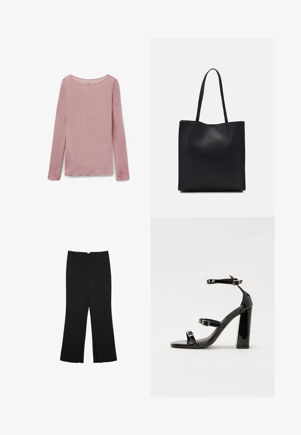 Bluzka z długim rękawem w jasnoróżowym kolorze, z okrągłym dekoltem i miękkim, teksturowanym materiałem, o lekko luźnym kroju i bocznych rozcięciach u dołu.; Czarne spodnie o prostym kroju, z przednimi kieszeniami i bocznymi rozcięciami na dole. Wykonane z miękkiego, gładkiego materiału. Odpowiednie na różne okazje.; Czarne lakierowane sandały na obcasie z kwadratowym noskiem, z paskami wokół kostki i srebrnymi klamrami. Posiadają masywny słupek dla stabilności.; Czarna skórzana torba tote o gładkiej fakturze, prostokątnym kształcie i dwóch długich uchwytach. Brak widocznych elementów metalowych i ozdób.