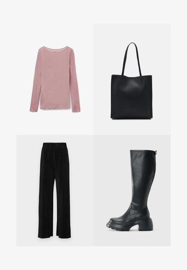 Langsleeve top in lichtroze, met een ronde halslijn en zachte, getextureerde stof met een iets relaxte pasvorm en zijsplitten aan de onderkant.; Zwarte geplooide broek met een elastische tailleband. Beschikt over wijde pijpen en een glad, gestructureerd stof met verticale strepen.; Hoge zwarte leren laars met een chunky plateauzool en blokhak, voorzien van een trekband en een gestructureerd profiel op de buitenzool.; Zwarte leren handtas met een gladde textuur, rechthoekige vorm en twee lange handvaten. Geen zichtbare hardware of versieringen.