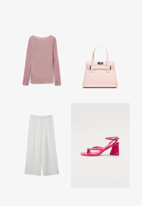Bluzka z długim rękawem w jasnoróżowym kolorze, z okrągłym dekoltem i miękkim, teksturowanym materiałem, o lekko luźnym kroju i bocznych rozcięciach u dołu.; Białe szerokie spodnie wykonane z lekkiego materiału, z elastyczną talią i sznurkiem do regulacji fasonu. Gładka tekstura.; Różowe lakierowane sandały na obcasie z kwadratowym noskiem, wąskimi paskami i geometrycznym słupkiem. Zawiera detal w postaci klamry na pasku.; Różowa torebka o strukturalnym kształcie, wykonana z teksturowanej skóry, z dwoma uchwytami u góry, zapięciem na zatrzask oraz kontrastującymi metalowymi akcentami.