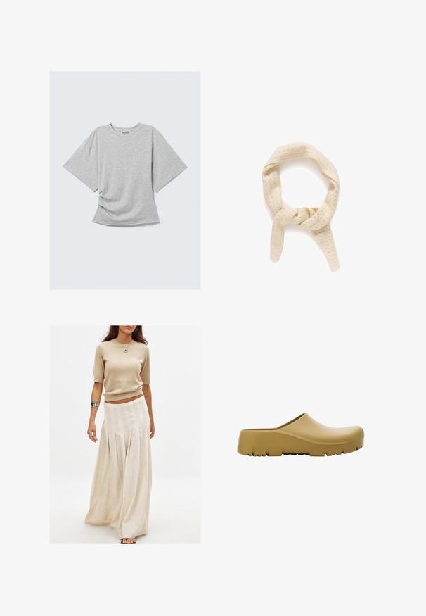 Light gray short-sleeve T-shirt with a crew neckline and slight side ruching, laid flat on a white background.; Beige knitted short-sleeve top paired with a long, flowy cream skirt featuring vertical pleats and a smooth texture.; Yellow rubber clog with a smooth surface, open back, and a thick, textured sole featuring horizontal grooves. Designed for comfort and durability.; Knit cream-colored scarf with a textured pattern of small holes. Features a twisted design, creating a loop with two hanging ends.