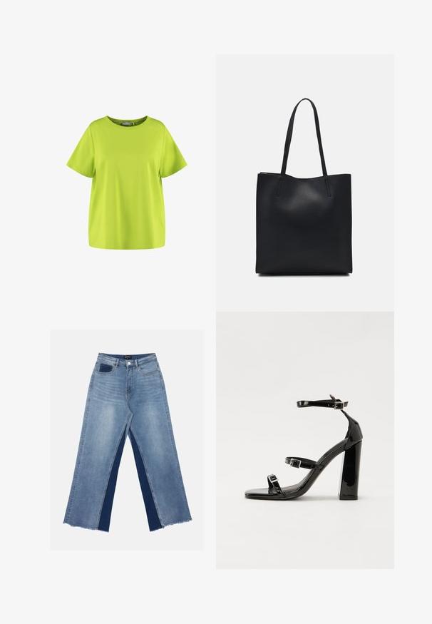 Lime green short-sleeve T-shirt in soft cotton fabric. Features a round neckline and loose fit, with a smooth texture and no patterns.; Light blue wide-leg jeans featuring contrasting dark blue panels, frayed hems, and a standard waist with a metal button closure.; Black patent heeled sandals with a square toe, ankle straps, and silver buckles. Features a chunky block heel for stability.; Black leather tote bag with smooth texture, rectangular shape, and two long handles. No visible hardware or embellishments.