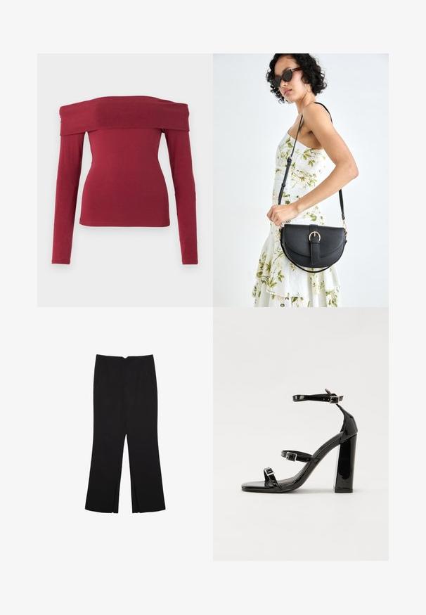 Mønstret off-the-shoulder langærmet top i bordeaux. Tæt design, glat tekstur og en bred udskæring. Enkel, minimalistisk syning ved manchetter og kant.; Sorte bukser med lige pasform, der har frontlommer og slidser i kanten. Lavet af blødt, glat stof. Velegnet til forskellige anledninger.; Sorte patenterede hælsandaler med firkantet tå, ankelremme og sølvspænder. Har en chunky blokHæl for stabilitet.; Sort læderhåndtaske med en buet form, aftagelig rem og guldfinish. Tasken har en klap med en spænde detalje.