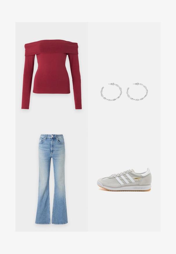 Top lungo a maniche off-the-shoulder color bordeaux. Design aderente, texture liscia e scollatura ampia. Cuciture semplici e minimaliste ai polsini e all'orlo.; Jeans flared di colore blu chiaro in denim, dotati di vita alta, design a cinque tasche e una leggera sfumatura verso l'orlo.; Sneaker grigio chiaro realizzato in suede e rete, con tre strisce bianche, punta arrotondata e suola in gomma color caramello. Accento del logo dorato vicino ai lacci.; Orecchini a cerchio in argento con un design torciglionato, caratterizzati da una finitura lucida e chiusura a perno. Misurano circa 3 cm di diametro.